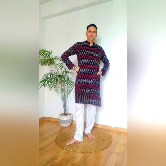 New Handmade ikkat long sleeve casual cotton kurtas for men Xxl/3xl/ 4xl - Picture 1 of 4